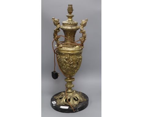 A large gilt metal urn converted to a lamp on marble base height 58cm