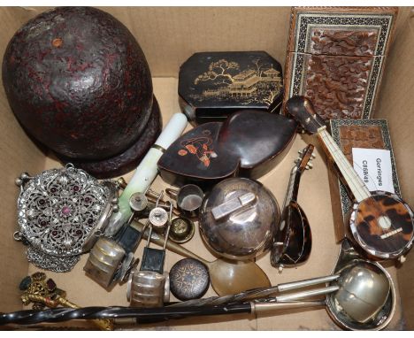 A group of objects of vertu including tortoiseshell and mother of pearl models of a banjo and a mandolin, two Indian sandalwo