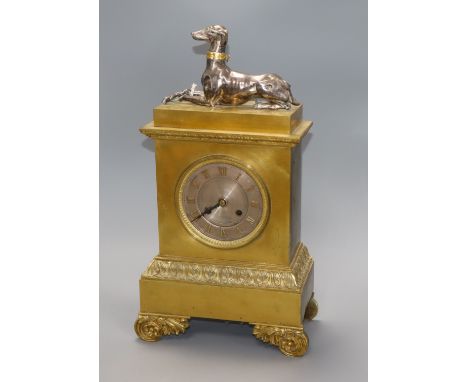 A Regency ormolu mantel clock with greyhound mount height 41cm