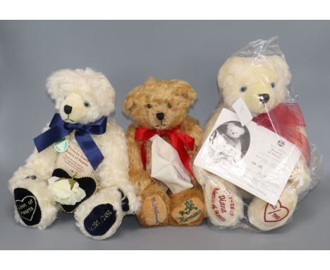Three Compton Woodhouse bears: First Ever Hormann / Hummel and ornament, Queen of Hearts and Princess of Hearts, all boxed wi