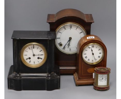 Three mantel clocks and a carriage clock