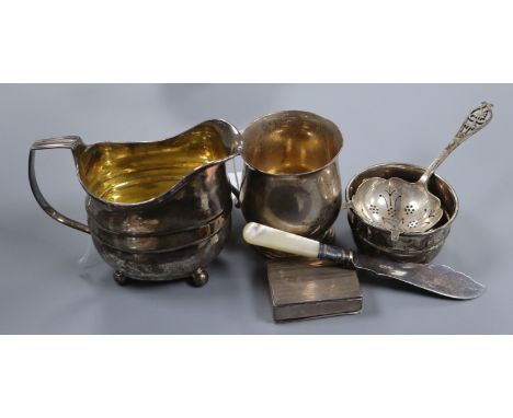 A George III silver cream jug and five other items, including a silver Christening mug, a snuff box, a small sterling bowl, a