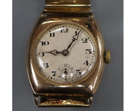 A gentleman's small 1920's 9ct gold Rolex wrist watch, on associated later bracelet.