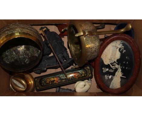 A novelty hat match striker, mother of pearl opera glasses, Russian box, snuff bottle and perfume bottle etc.