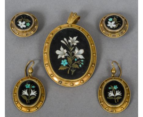 A Victorian yellow metal mounted pietra dura inlaid suite of jewellery
Comprising: pendant brooch, a pair of earrings and a p