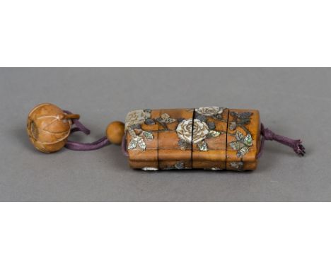 A late 19th/early 20th century Japanese mother-of-pearl inlaid four section inro
Worked with floral sprays and with plain oji
