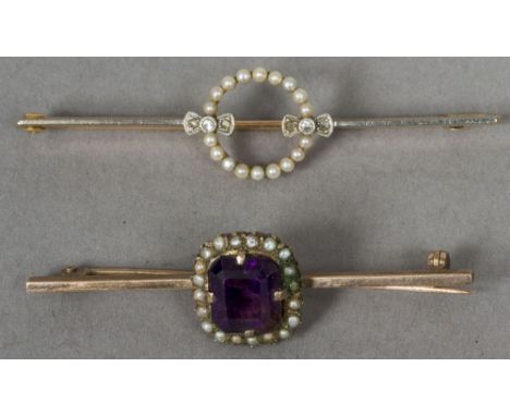 Two unmarked gold bar brooches
One set with amethyst and seed pearls, the other seed pearls and small diamonds.   The latter 