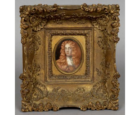 A 17th century style portrait miniature of gentleman wearing red wig
Watercolour on ivory
6.5 x 8.5 cm, framed and glazed CON