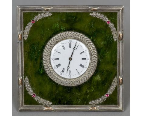 A Russian silver mounted, diamond and gem set green stone desk timepiece, with 84 Zolotnik hallmark and maker's mark of YaA
T