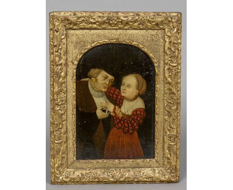 FLEMISH SCHOOL (17th century) 
Portrait of an Elderly Gentleman Placing a Ring on Little Finger of a Younger Woman
Oil on pan