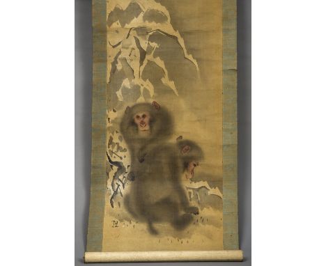 A 19th/20th century Chinese painted scroll
Worked with two monkeys, character mark and red seal mark.  41 x 165 cm. CONDITION