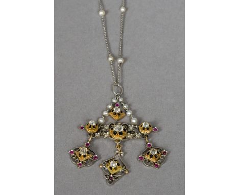 An enamel, diamond, ruby and pearl set gold renaissance style pendant
Set on a pearl and platinum chain.  The pendant 6 cm hi