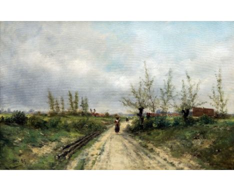 JEAN HILL (19th/20th century) Belgian
Figures on a Country Path
Oil on canvas
Signed, inscribed to verso
73.5 x 49 cm, framed