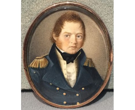 AMERICAN SCHOOL (19th century)
Portrait Miniature of a Naval Officer
Watercolour on ivory opposing a hair work panel
4.5 x 6 