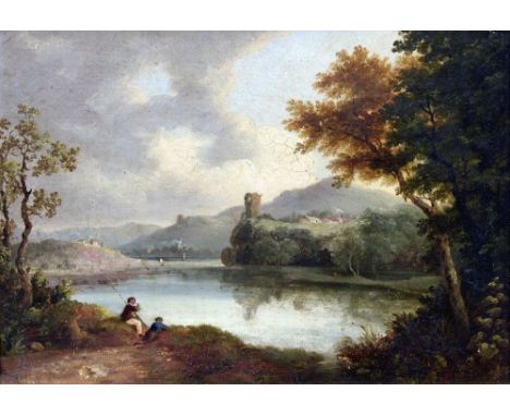 ENGLISH SCHOOL (18th/19th century)
Fishermen in an Italianate Lake Scene
Oil on board
31 x 22 cm, framed CONDITION REPORTS: G