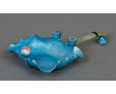 A Chinese jade handled enamelled brush washer
The bowl of floral form.  17 cm long.  CONDITION REPORTS: Some enamel wear/loss