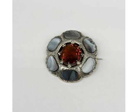 A silver &amp; Scottish agait &amp; citrine brooch, 48mm in size,