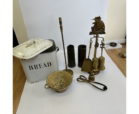 Enamel bread bin and brass ware bullet shells