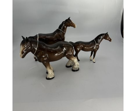 3x ornament horses, 1 is a Beswick pony, 1 is a Shire horse, 1 is a Beswick horse