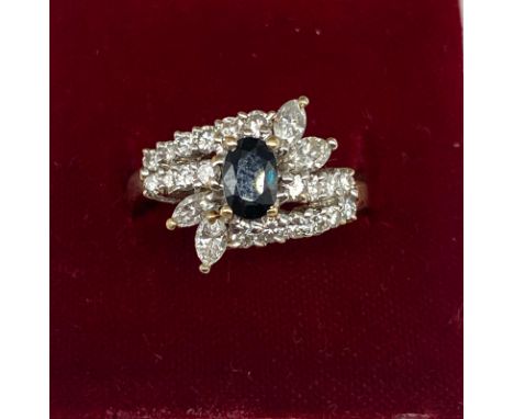 A 14ct yellow gold sapphire &amp; diamond dress ring, size O, 0.30ct sapphire approx &amp; diamonds are 0.70ct approx