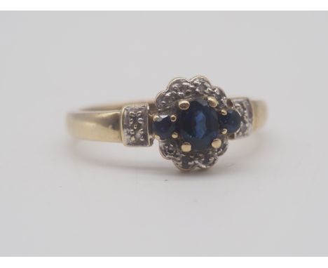 A 9ct Yellow Gold Sapphire &amp; Diamond Ring, 3 stone sapphire &amp; diamond dress ring, size = Q, 3.0 grams
