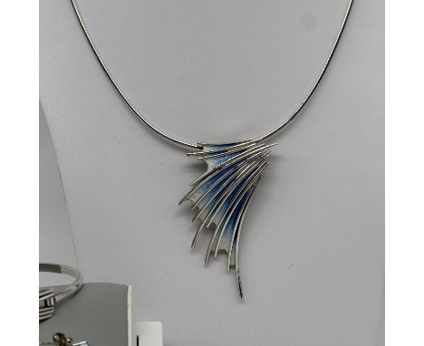 A Sheila Fleet silver necklace, bangle &amp; earrings matching set, gorgeous blue enamel jewellery