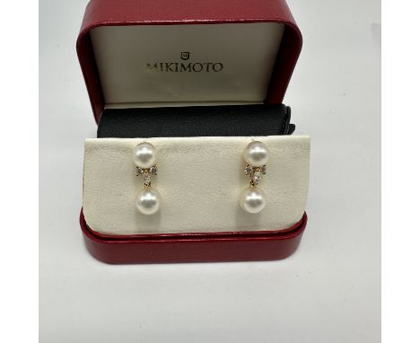 A pair of 18ct yellow gold Mikimota pearl &amp; diamond earrings, in lovely condition, in original box, 20mm drop &amp; 7-8 m