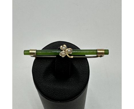 A 9ct yellow gold Jade &amp; seed pearl brooch, steel pin on the back, 42mm long, weight 1.6 grams