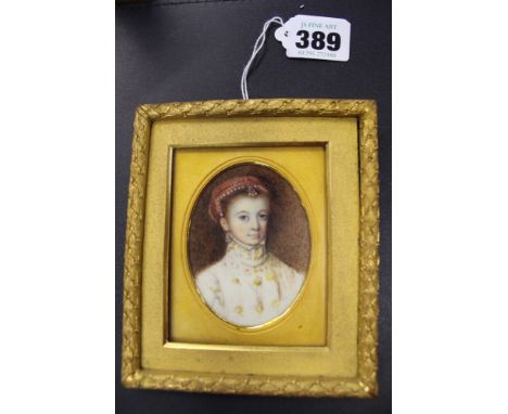 After Sanchez Coello. A 19th Century oval portrait miniature of Joanne Queen of Portugal mother of Don Sebastion and daughter