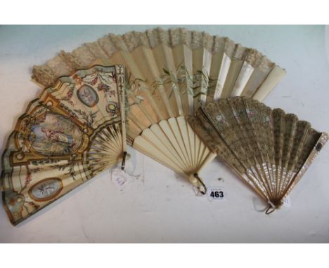 A late 19th Century French silk fan with lace border and painted with lillies, a fan with transfer printed scenes entitled ‘C