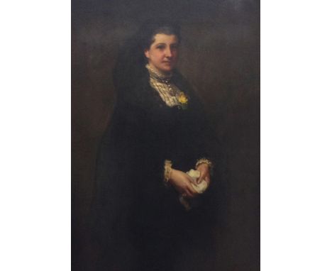 English School (19th Century), Full length portrait of a woman in black dress and companion of a gentleman in brown suit, bot