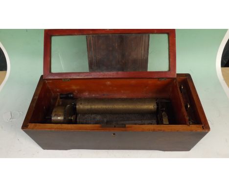 A 19th Century lever wind cylinder music box playing three airs, in plain walnut case.
