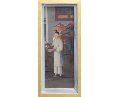 Chinese School, Portrait of a servant boy carrying a bowl of fruit in an interior, oil on canvas, cut down and laid on to boa