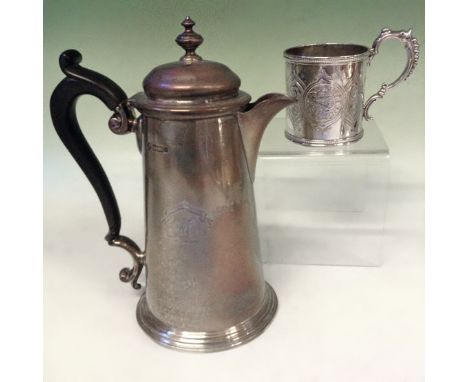 A silver coffee pot. Sheffield 1901. With ebonized handles. Together with a Victorian silver Christening cup. Sheffield 1890.
