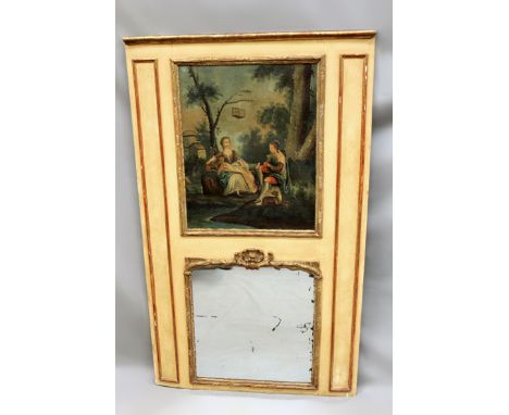 A French antique trumeau carved over mantel mirror. Painting of young lovers above mirror plate with gilt surround. 116cm wid