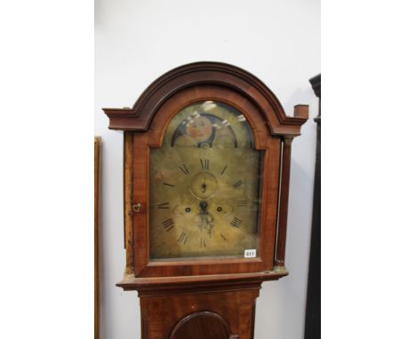 A George III mahogany cased 8 day longcase clock. Arched brass dial with painted moonphase and high water at Plymouth. Subsid