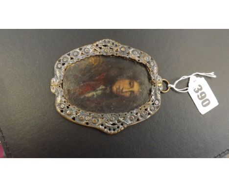 A miniature portrait depicting a young man in white cravat and red collar, oil on copper, 7.5 x 5cm oval, in pierced metal fr