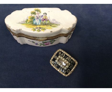 An early 19th Century black enamel and seed pearl memorial brooch, James Wilson 1837 together with a small enamel box (2).