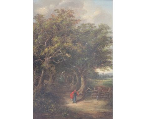 Attrib. James Stark, Country woman in red cloak in a landscape, oil on panel, 29 x 24cm.
