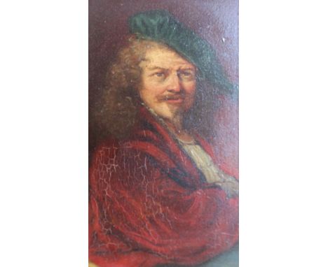 After Rembrandt, Portrait in hat and red coat, oil on panel, 20 x 12.5cm.
