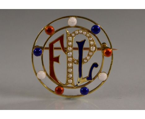 A seed pearl and enamelled FPL initial brooch, open cast body with red F, seed pearl encrusted P and blue L, all within a red