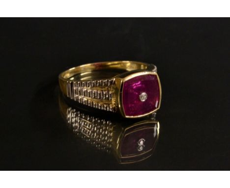 A Lehrer gentleman's ruby and diamond signet ring, rounded square cushion ruby, centre set with a single round brilliant cut 