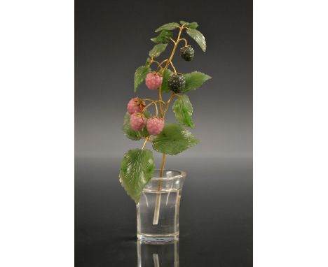 A Faberge style rock crystal and carved stone Raspberries bush, yellow metal stalks and branches (test as 18ct gold) suspendi