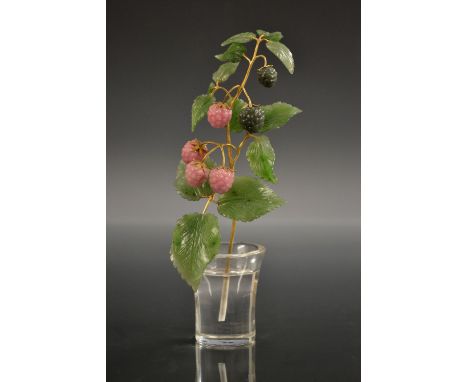 A Faberge style rock crystal and carved stone Raspberries bush, yellow metal stalks and branches (test as 18ct gold) suspendi