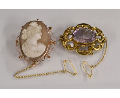 A Victorian carved shell cameo portrait brooch, classical maiden, scrolling 9ct rose gold frame, 41mm high, 8.6g gross;  a pa