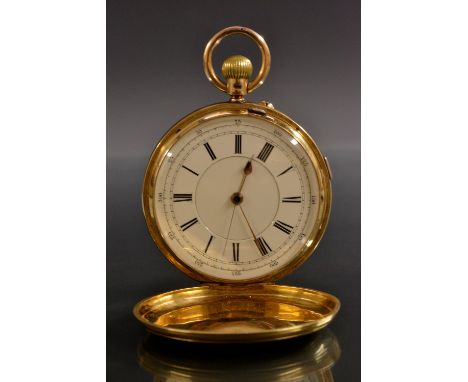 A Victorian J Lichtenstein , Manchester, 18ct gold hunter chronograph pocket watch, cream centre seconds dial, bold Roman num