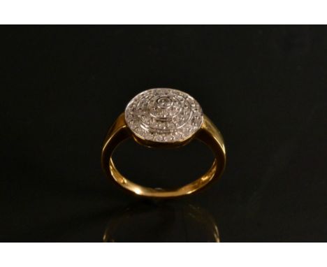 A four layer target crown pave encrusted with diamond ring, 9ct gold shank, size N/O, Birmingham 2008, 3.5g gross 