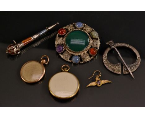 Gentleman's items - a 9ct gold R A F wings earring, 1.2g; a silver and Scottish agate hardstone basket hilt kilt pin/brooch, 