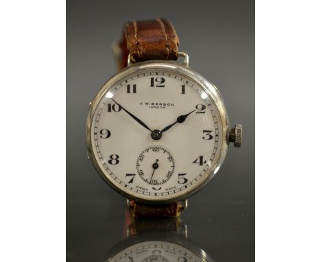 A JW Benson silver cased wristwatch, white enamel dial, Arabic numerals, minute track, subsidiary seconds, blued spade hands,