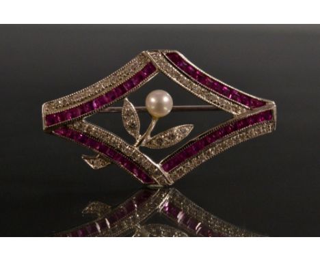 A ruby, diamond and pearl open panel floral brooch, central pearl headed flower within a ruby and diamond pave encrusted curv